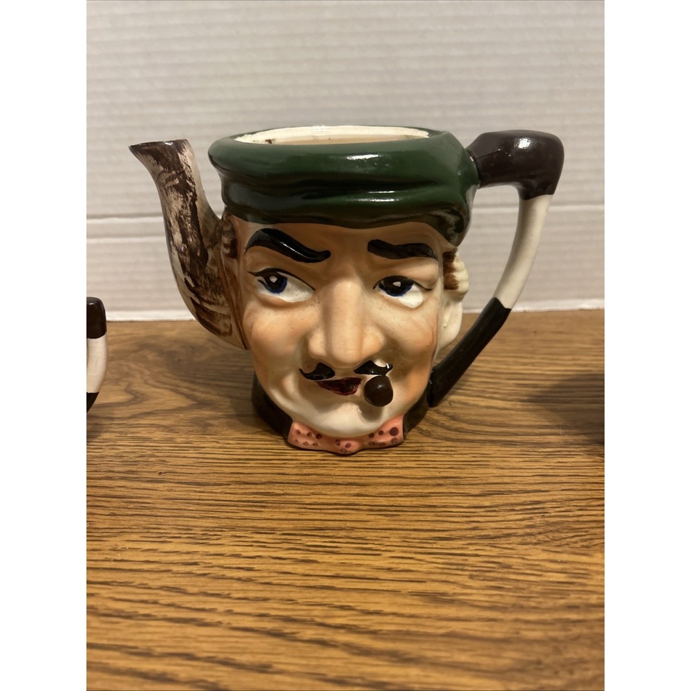 Toby Pitcher Creamer And Sugar With Green Hat Small Ceramic Vintage
